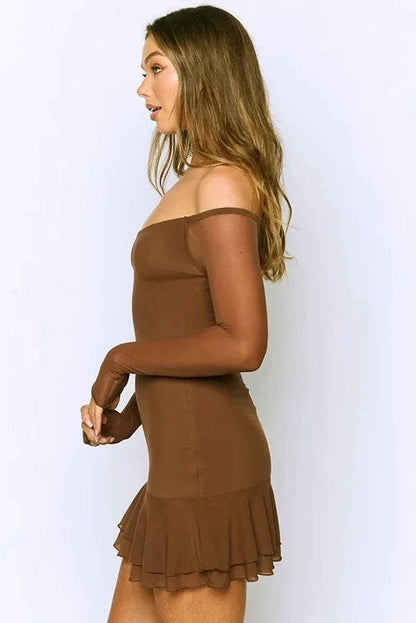 Off-Shoulder See-Through Long Sleeve Slim Mini Dress