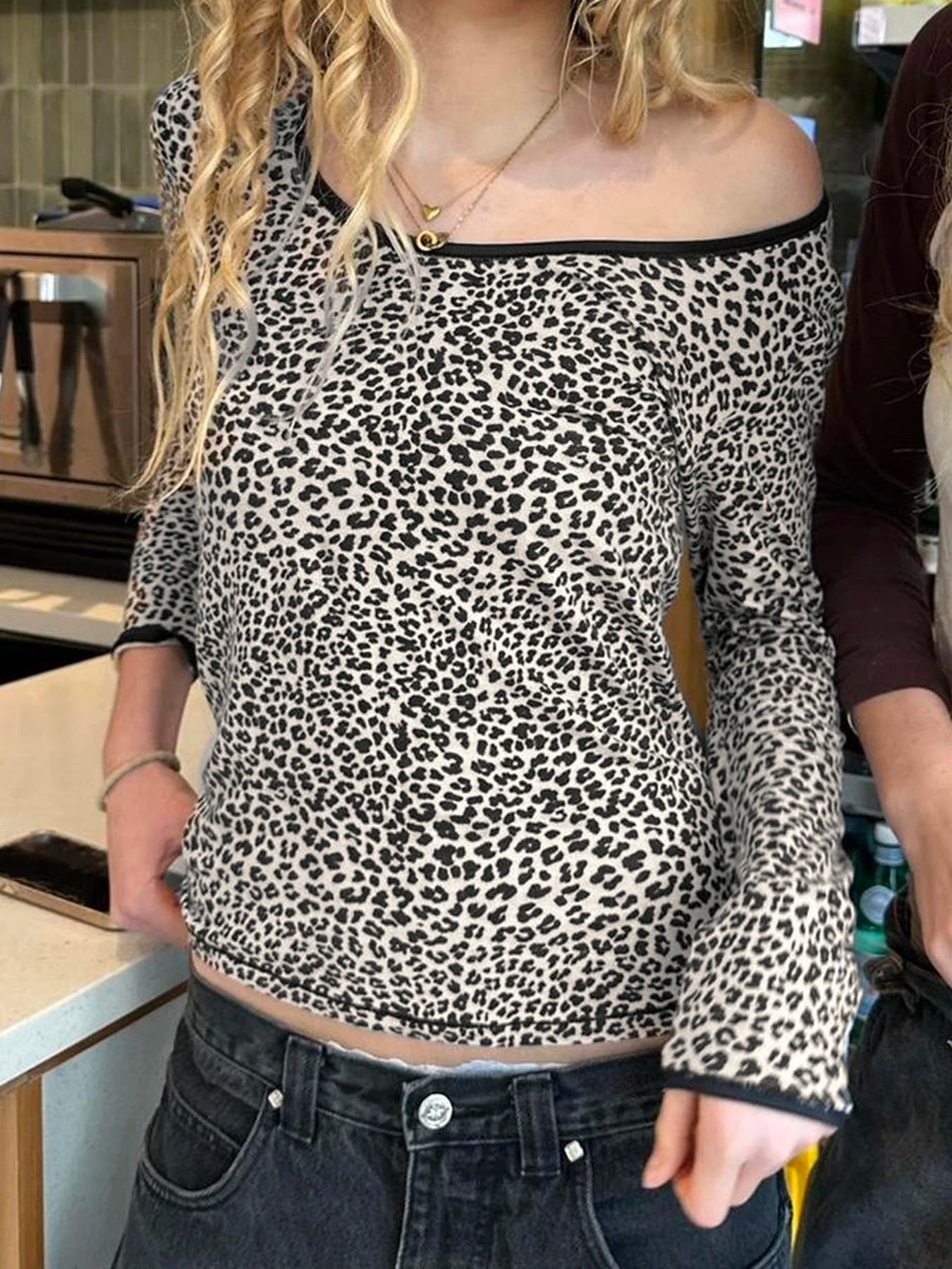 Contrast Binding Leopard Long Sleeve Tees O Neck Slim American Retro Casual Spring Autumn T Shirts