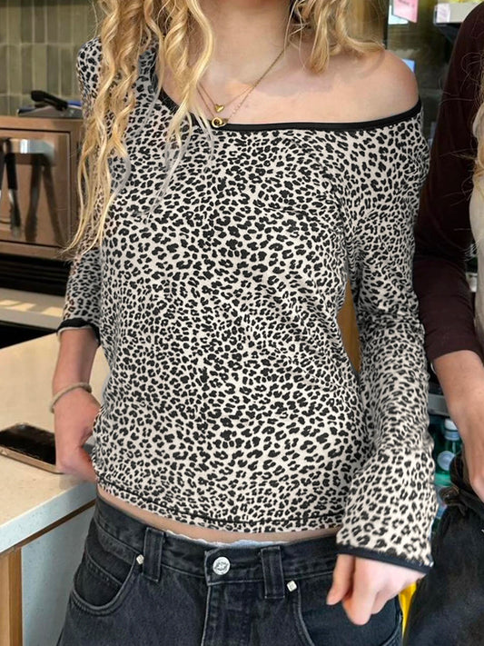 Contrast Binding Leopard Long Sleeve Tees O Neck Slim American Retro Casual Spring Autumn T Shirts