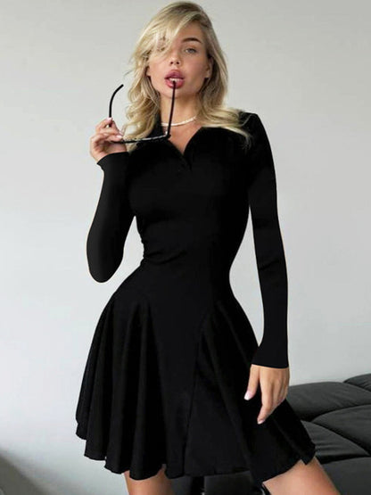Long Sleeve Pleated Knit Mini Dress For Women Robe Autumn Winter New Lapel High Waist Knitted Sweater Dress Elegant