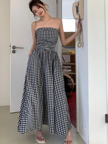 Casual Strapless Midi Dresses for Women Striped Sleeveless A-line Korean Chic Summer New  Party Dress Vestidos Mujer