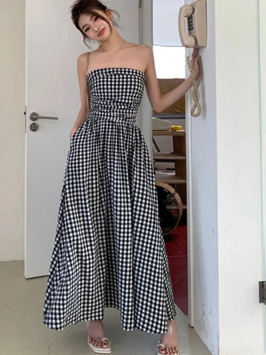 Casual Strapless Midi Dresses for Women Striped Sleeveless A-line Korean Chic Summer New  Party Dress Vestidos Mujer