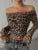 Leopard Printed Mesh T-shirt Top For Women Off-Shoulder Long Sleeve Cropped Y2k Top Pullover Contrast Female Slim Tee