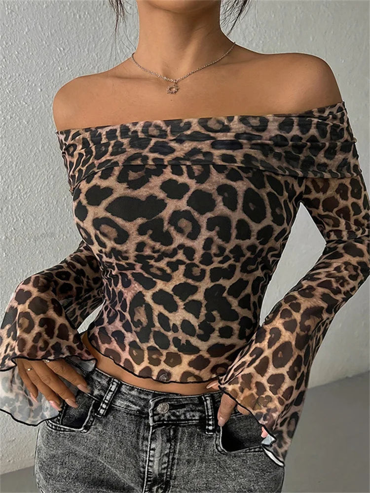 Leopard Printed Mesh T-shirt Top For Women Off-Shoulder Long Sleeve Cropped Y2k Top Pullover Contrast Female Slim Tee