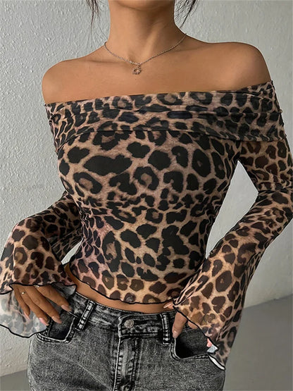 Leopard Printed Mesh T-shirt Top For Women Off-Shoulder Long Sleeve Cropped Y2k Top Pullover Contrast Female Slim Tee