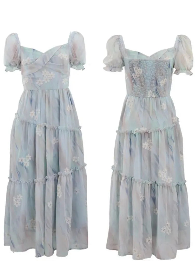 French Vintage Floral Ruffles Midi Dresses for Women Lace Square Collar Puff Sleeve Elegant Princess Birthday Party Dress New