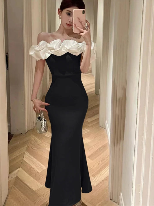 Sexy Bodycon Off Shoulder Party Dress Women  New Slim Waist Patchwork Elegant Lady Fashion Prom Robe Long Vestidos Mujers