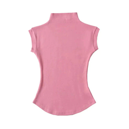 y2k Crop Tops Vest Solid Color Mock Neck Sleeveless Stretchy T Shirts 2000s Aesthetic Clothing Streetwear