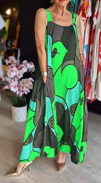 Print Spaghetti Strap Dresses Women Fashion Casual Pocket Loose Long Dress Lady Commuting Clothing Maxi Vestidos 2025 Summer New