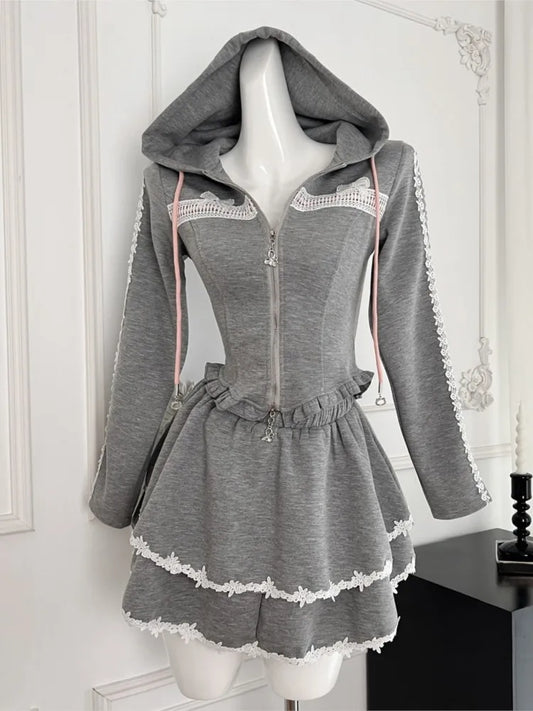 Y2K 2 Piece Set Tracksuit Women Hooded Zip Up Slim Coat Lace Patchwork Ruffles Mini Skirt Autumn Korean Fashion Solid Outfits