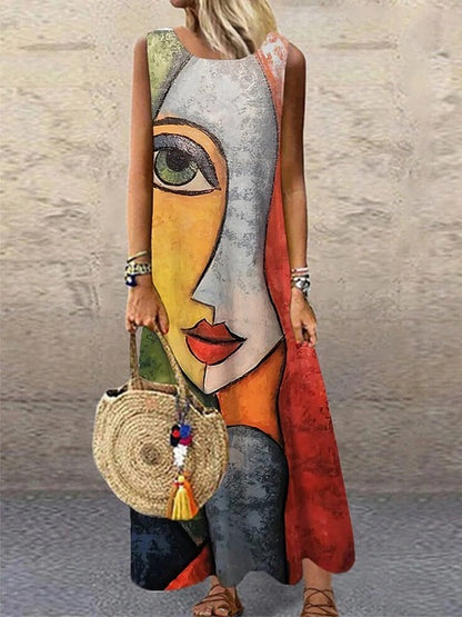 Vintage Print Sleeveless Long Dresses Women Fashion Summer O Neck Loose Maxi Dress Temperament Commuting Clothing Vestido Female