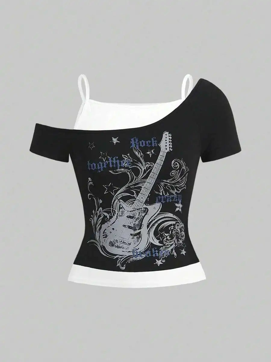 Y2k Slim Fit Print Tops Off Shoulder Short Sleeve Tee Shirt Neploe American Vintage Fake Two Piece Halter Lace Up T-shirts