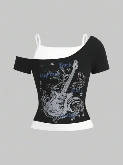 Y2k Slim Fit Print Tops Off Shoulder Short Sleeve Tee Shirt Neploe American Vintage Fake Two Piece Halter Lace Up T-shirts