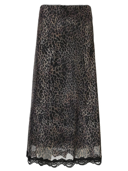 Retro Brown Leopard Y2K Long Skirts Women Lace Trim Hem Two Layers Mesh Vintage Aesthetic Elegant Fashion Women Clothing