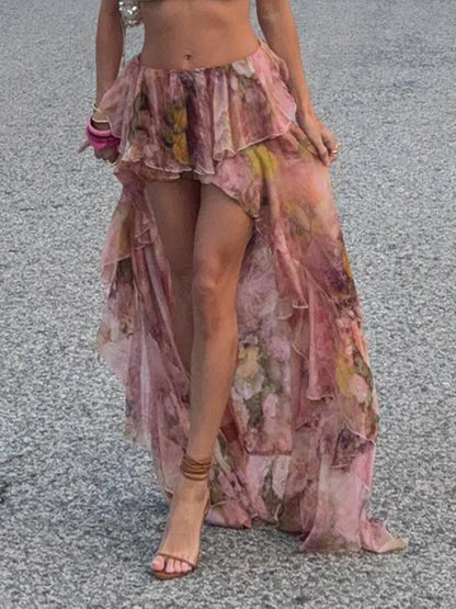 Beach Boho Floral Print Chiffon Ruffled Skirt Women Asymmetrical Dipped Hem Pink Romantic Elegant Sexy Vacation Skirts