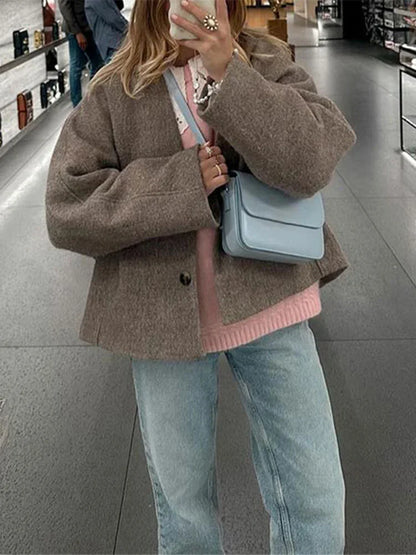 Vintage Fashion Pocket Jackets For Women Winter High Street Lapel Elegant Solid Commute Winter Outwear Ladies  Coat