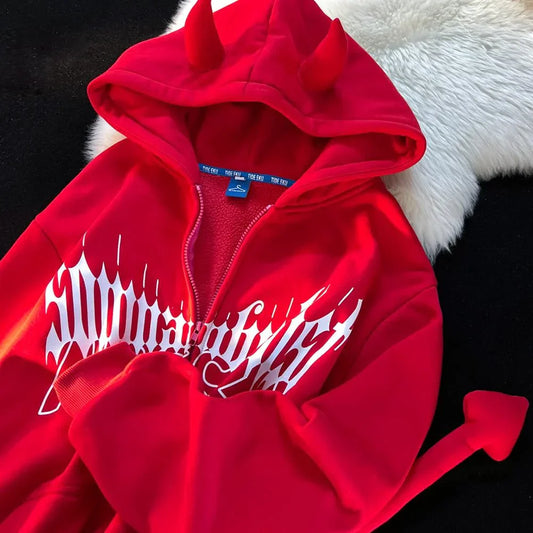 Voguable Dark Designer Devil Horn Tail Zip Up Hoodies Jackets Teenage Y2K Top Goth Print Oversized Sweatshirt Loose Casual Winter Clothes