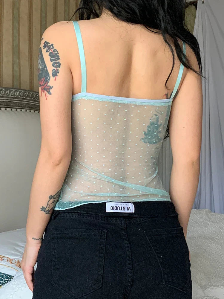 Voguable Polka Dots Lace Frill Mesh Camis Y2K Aesthetic V-neck Crop Top Backless See Through Corset Tops