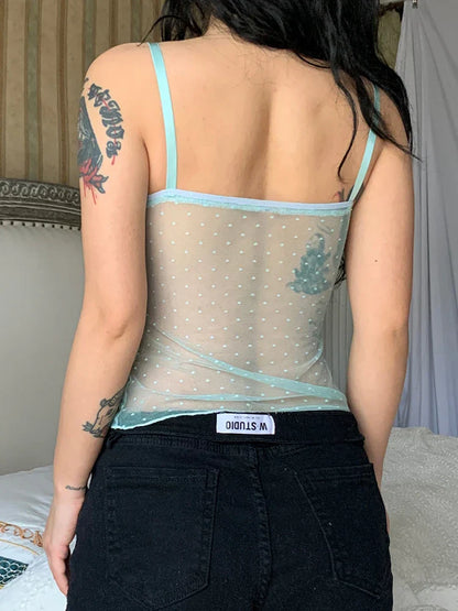 Voguable Polka Dots Lace Frill Mesh Camis Y2K Aesthetic V-neck Crop Top Backless See Through Corset Tops