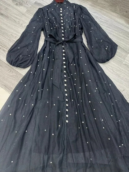 Elegant Long Dress British Style Fashion Beading Single Breasted Design Gentle Temperament Dresses Women 2025 Spring Autumn