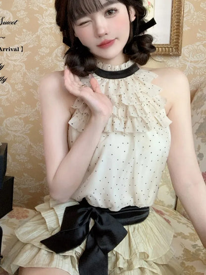 Y2K Polka Dot Two-piece Set Women Chiffon Halter Sleeveless Top Ruffles A-line Cake Mini Skirt Summer New Korean Fashion Outfits