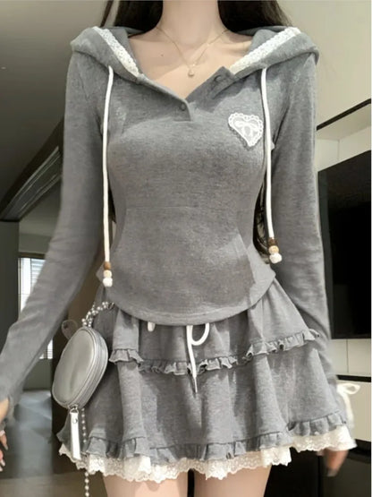 Y2K Two-piece Skirt Set Women Autumn New Hooded Long Sleeve Crop Top Lace Ruffles Mini Skirt Korean Fashion Outfits Kawaii Suits