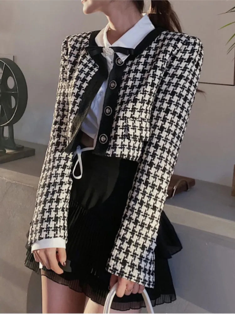 Elegant Cropped Jacket Women French Vintage Single Breasted Long Sleeve O-neck Top Autumn Y2k All-match Houndstooth Coats New