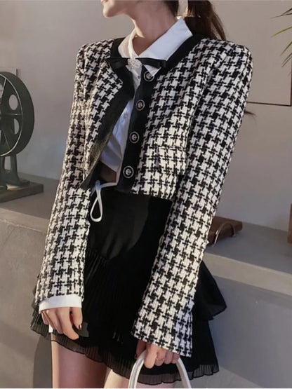 Elegant Cropped Jacket Women French Vintage Single Breasted Long Sleeve O-neck Top Autumn Y2k All-match Houndstooth Coats New
