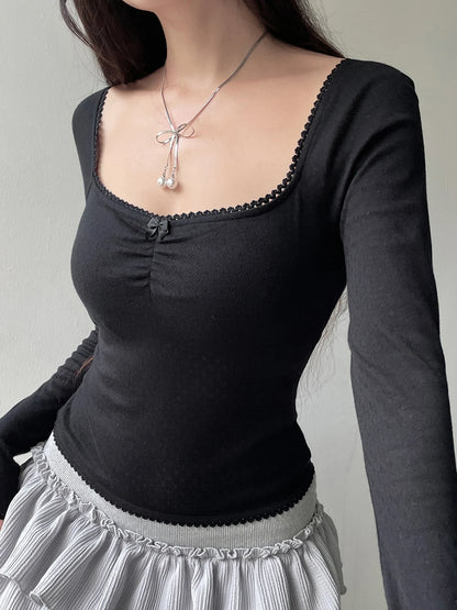 Korean Fashion Shirring Bow Square Collar Slim Long Sleeve Black T Shirt Women White Solid Basic Cute Japanese Top Tee