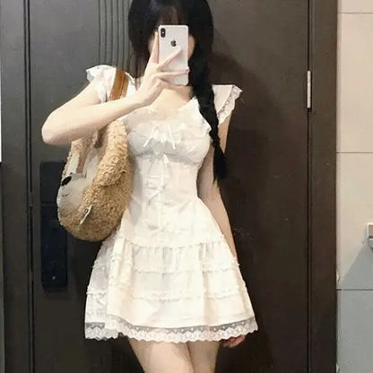 Voguable Y2k Coquette White Lolita Sweet White Kwaii Cute Mini Dress Lace Bow Princess Slip Lace Short Dresses Fashion