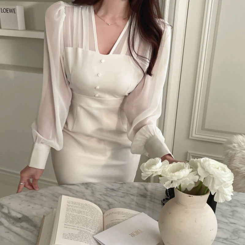 Autumn New Korean Fashion Bodycon Midi Dresses for Women Mesh Patchwork Long Sleeve Fishtail Office Lady Mermaid Party Dress