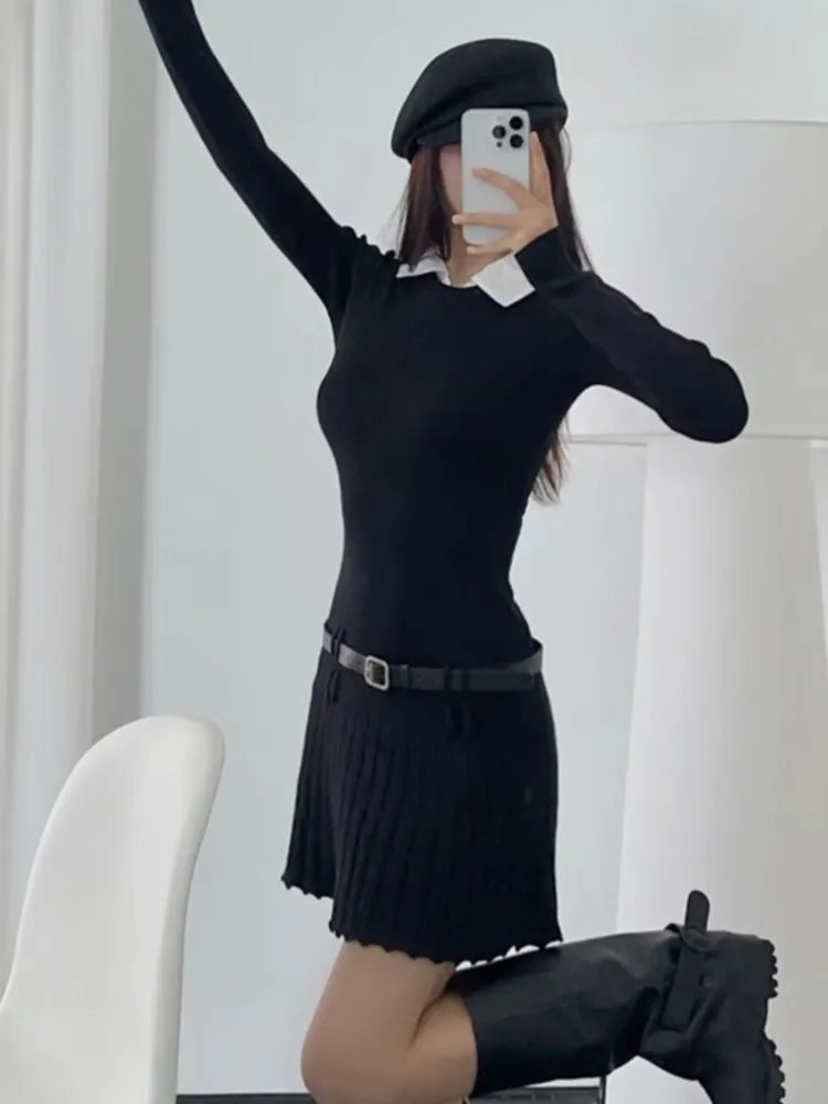 Korean Fashion Knitted Short Dresses for Women Autumn New Patchwork Long Sleeve Pleated A-line Y2K Sexy Party Dress with Belt