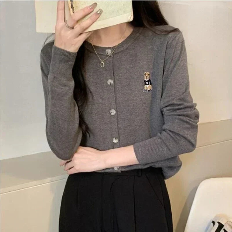 Spring Autumn Women’s Knitted Cardigan  Korean Single Breasted Long Sleeve Jumper Woman Chic Round Neck Cardigans Outwear