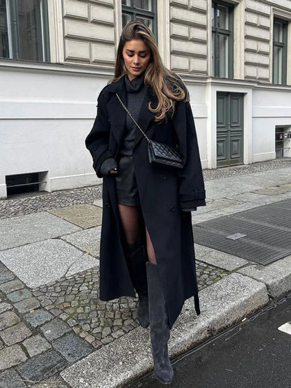 Fashion Double Breasted Women's Woolen Overcoat Elegant Lapel Long Sleeve Jacket With Belt Female New Commute Outerwear