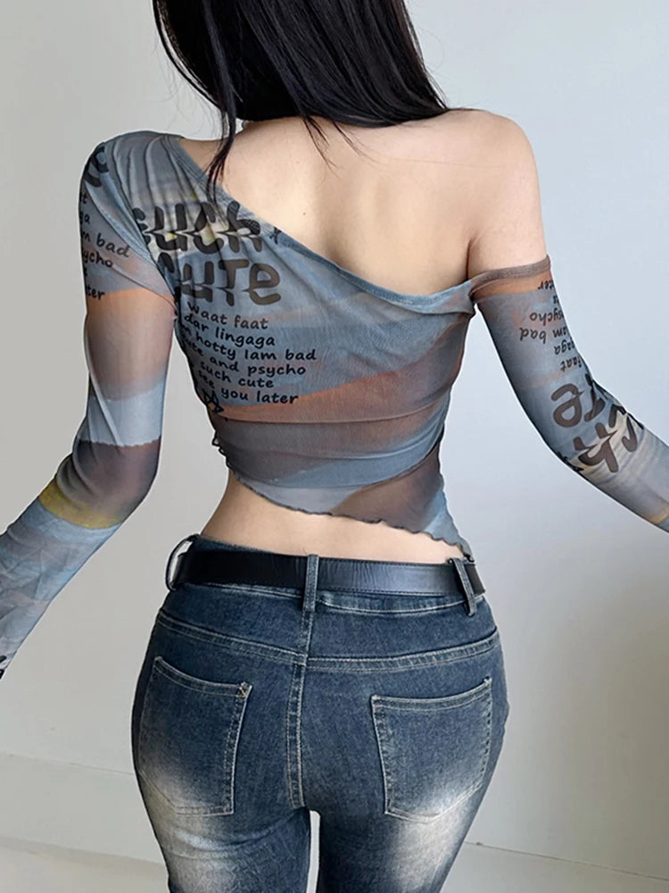 Colour Letter Print Fabric Skew Collar Asymmetric Women Top Tees Flared Sleeve Design Chic Slim Personality Blouses