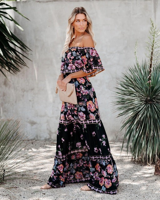 Flower Print Off Shoulder Long Dresses For Women Spring Summer New Fashion Temperament High Waist Leace-up Dress Female Vestidos