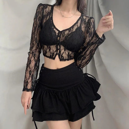 Long Sleeve Cropped Mesh Top