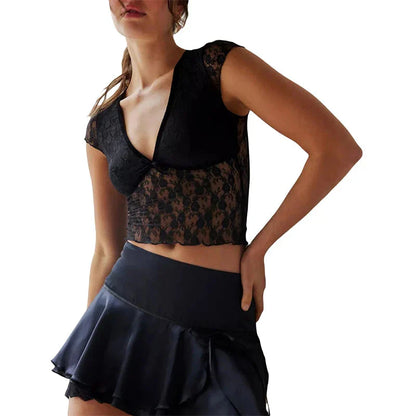 Sheer Crop Top 2000s See Through V Neck Sleeveless Floral Lace Tanks Slim Fit Vest y2k Aesthetic Clothing