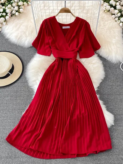 Women Elegant Pleated Dress Summer Short Sleeve V-neck Vintage Dresses Ladies A Line High Waisted Midi Dress