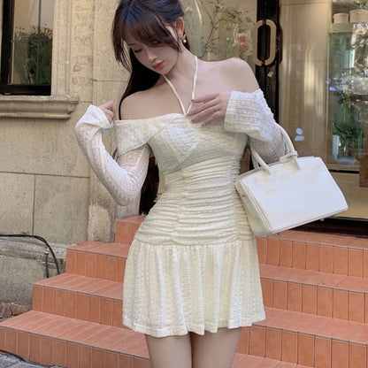 Autumn Elegant Y2K Short Dresses for Women Slash Neck Flare Sleeve Lace-up Halter A-line Slim Waist Korean Fashion Mini Vestidos