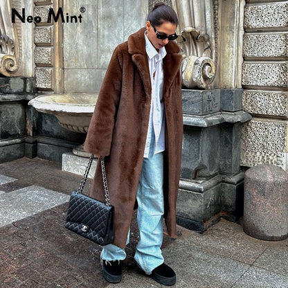 Winter Luxury Faux Mink Fur Coat Women Iconic Brand Long Outerwear Jacket Crystal Hooks Street Style Warm Overcoat