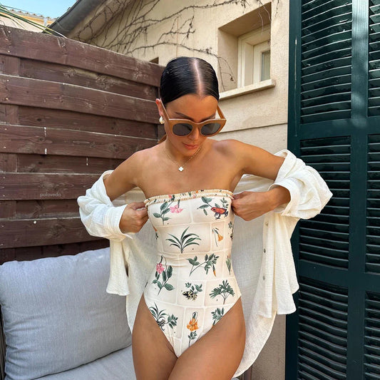 Floral Lace-Up Push-Up One Piece Swimwear