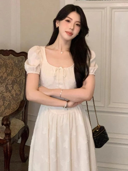 Elegant Midi Dresses for Women Summer New Puff Sleeve Square Collar A-line Casual Birthday Party Dress Korean One Piece Vestido