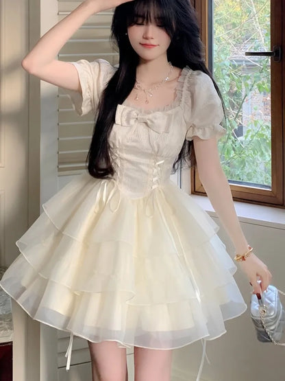 Elegant Mesh Layered Ruffles A-line Short Dresses for Women Square Collar Princess Birthday Party Dress Gown One Piece Vestido