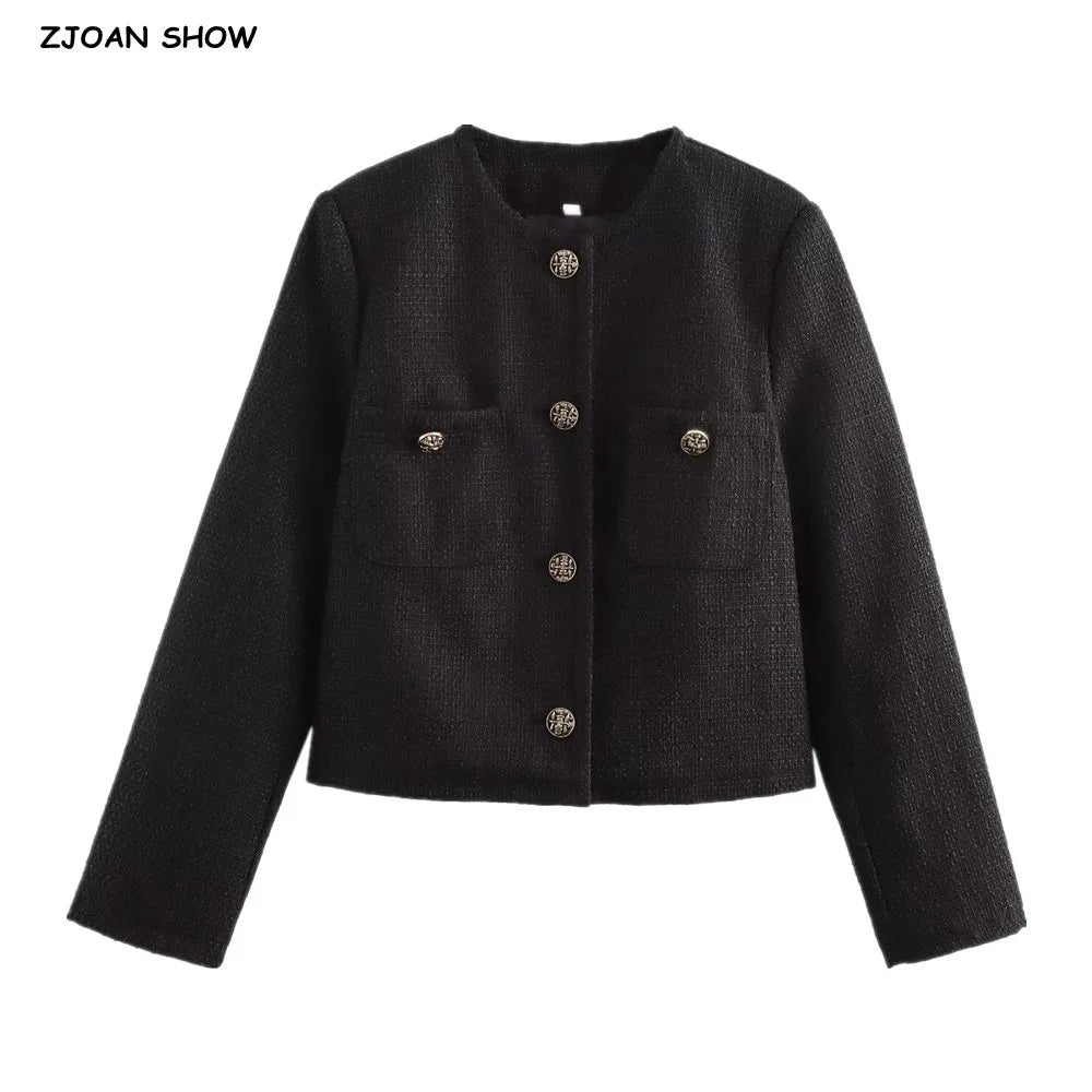 Autumn O neck Soft Woolen Black Tweed Coat Cropped Vintage Women Front Pocket Single-Breated Buttons Short Blazer Elegant Jacket