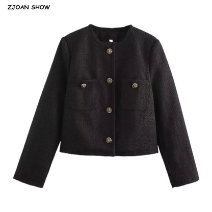 Autumn O neck Soft Woolen Black Tweed Coat Cropped Vintage Women Front Pocket Single-Breated Buttons Short Blazer Elegant Jacket