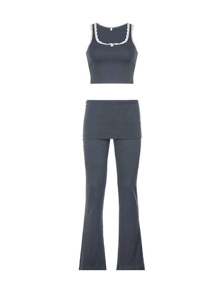 Patchwork Lace Trim Y2K Two Piece Sets Womens Sleeveless Square Collar Skinny Crop Top And Solid Flared Pants Tracksuits