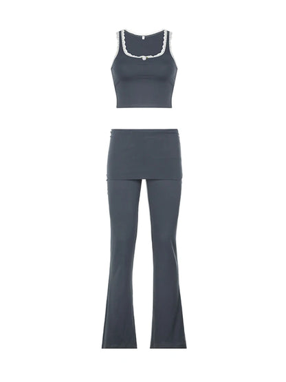 Patchwork Lace Trim Y2K Two Piece Sets Womens Sleeveless Square Collar Skinny Crop Top And Solid Flared Pants Tracksuits