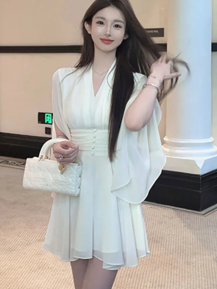 Elegant Solid Chiffon Short Dresses for Women V-neck Long Sleeve High Waist Ruffles A-line Korean Fashion One Piece Vestido New