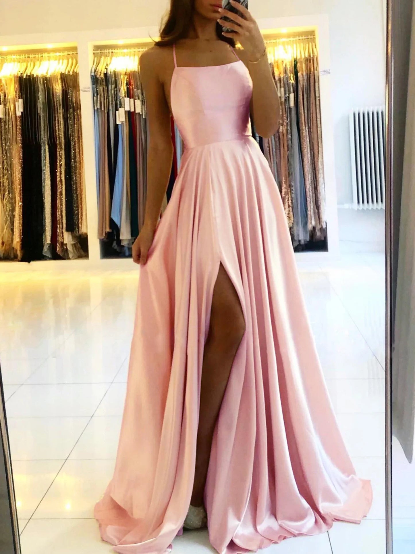 Blue Satin Spaghetti A-Line Prom Dress